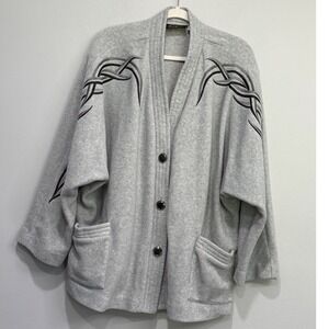 Bob Mackie Wearable Art Gray Fleece Embroidered Tribal Cardigan Jacket 3X